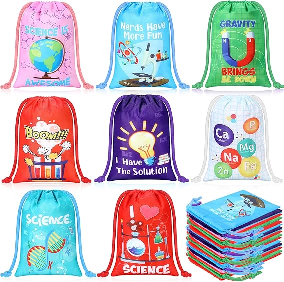 Photo 1 of Cunno 24 Pieces Science Gift Bags Science Party Drawstring Bags Science Party Favors Science Birthday Party Decorations Laboratory Treat Bag for Kid Goodie Favor Bags Birthday Party Supplies 