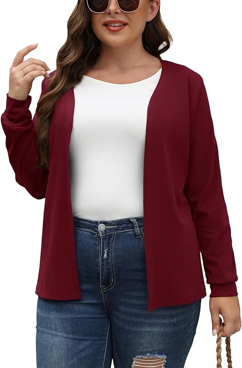 Photo 1 of 4XL Younrui Women's Plus Size Fall Open Cardigans Solid Knit Ribbed Long Sleeve Cuffs Draped Mid-Hips Length Blouse Sweaters
