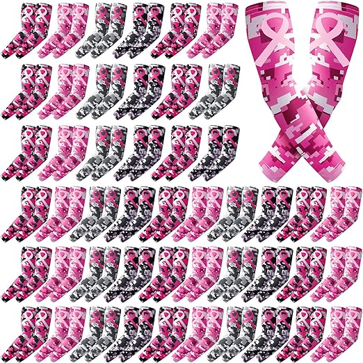 Photo 1 of Geyoga Breast Cancer Awareness Sleeves Bulk Pink Ribbon Arm Sleeves Cooling Basketball Compression Arm Cover Sleeve for Women Girls(Medium, 48 Pair)
