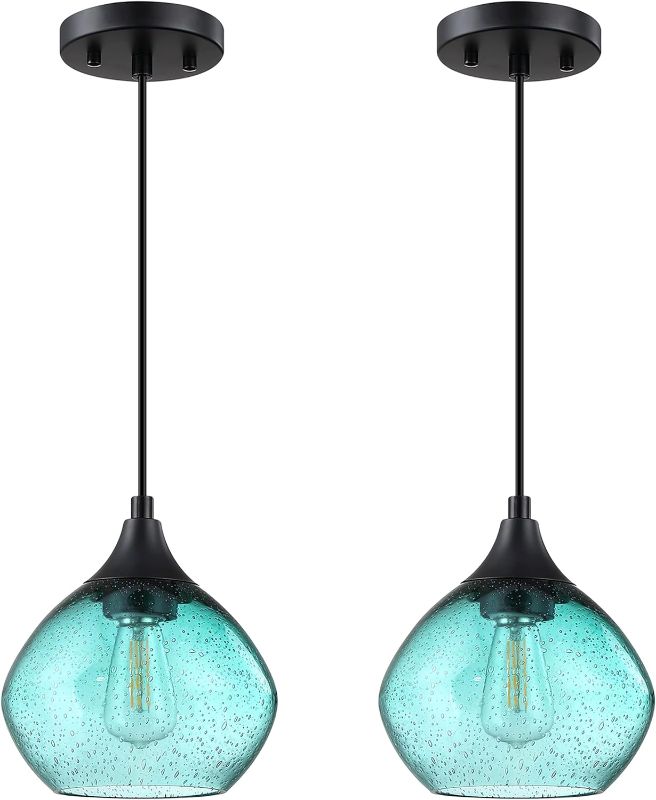 Photo 1 of  Light Hanging Indoor Kitchen Island Pendant Lights,7" Hand Blown Ancient Green Glass Shade Ceiling Light Fixtures Black Finish Modern Farmhouse Dinning Over Sink 