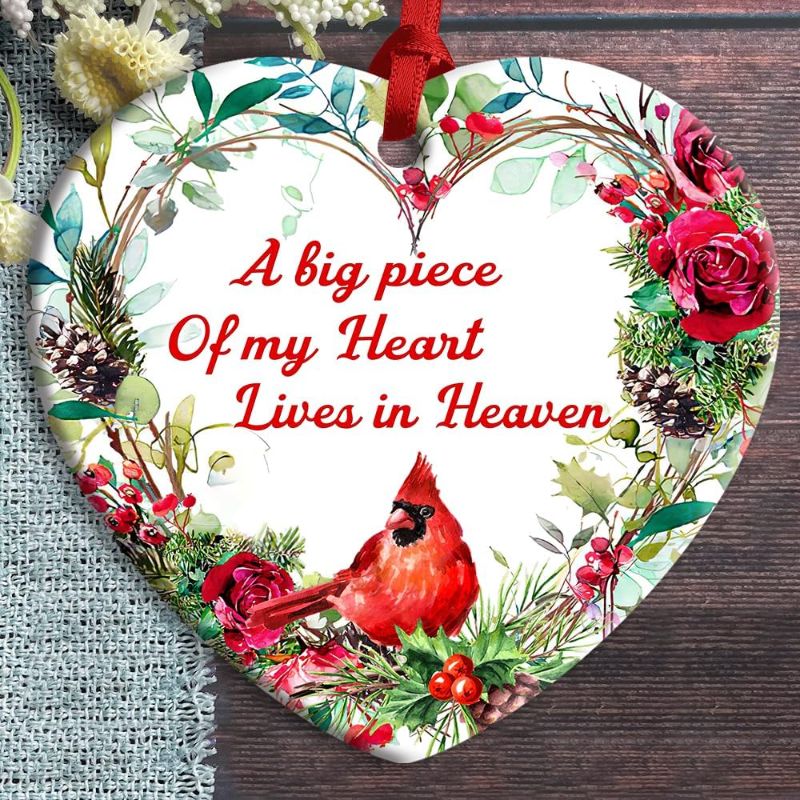 Photo 1 of A Big Piece of My Heat Lives in Heaven Ceramic Heart Ornament, Cardinal Ornament, Christmas Sympathy Memorial Gifts, Christmas Tree Decorations