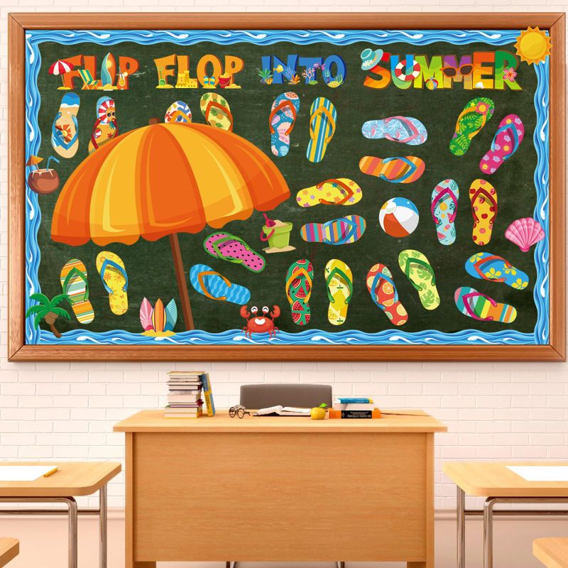 Photo 1 of Yeaqee 82 Pieces Summer Bulletin Board Decorations Flip Flop into Summer Cutouts Tropical Beach Umbrella Flip Flops Wave Stickers for School Classroom Wall Bulletin Board Summer Theme Party Decor