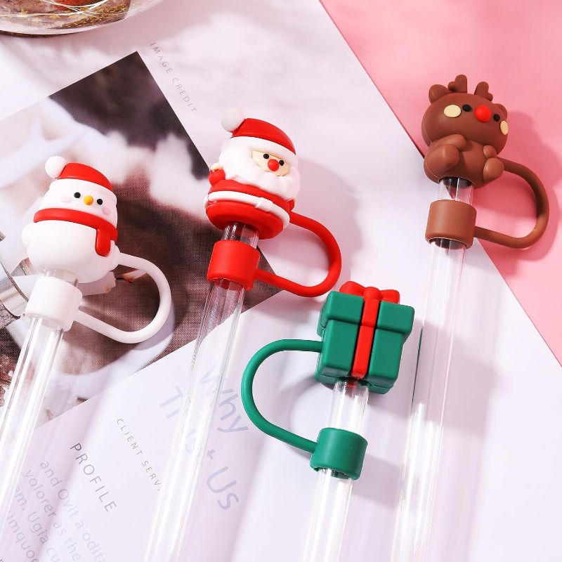 Photo 1 of 4pcs Christmas Straw Cover for Stanley 30&40 Oz Tumbler, 10mm Cute Straw Cover Cap for Stanley Cup Accessories, Dust-Proof Drinking Straw Reusable Straw Tips Lids (4pcs christmas theme straw cover)
