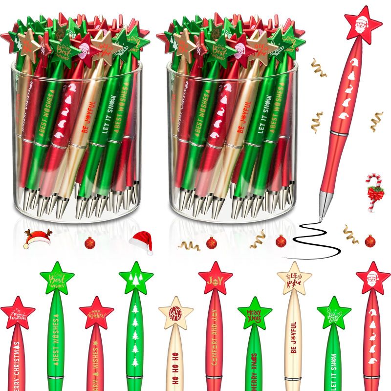 Photo 1 of Tenceur 200 Pcs Christmas Ballpoint Pens Bulk Retractable Gel Ink Pens Five Pointed Star Shaped Ballpoint Pens Snow Santa Claus Bell Rollerball Pens Christmas Party Favors for Party Supplies Five-Pointed Star