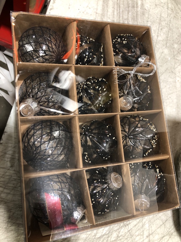 Photo 1 of 12 PCS Clear and Black Christmas Ball Ornaments, 80mm/3.15 Inches Rustic Farmhouse Christmas Decorations, Large Shatterproof Luxury Hand-Painted Xmas Ornaments for Christmas Tree, Wedding