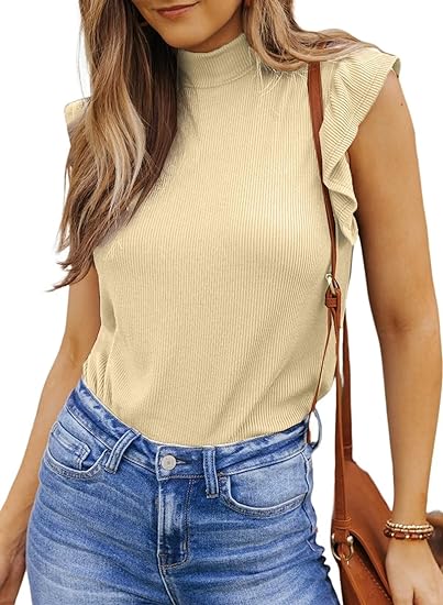 Photo 1 of Asvivid Womens Summer Tops Ruffle Sleeve Ribbed Slim Fit Mock Neck Knit Ribbed Shirt