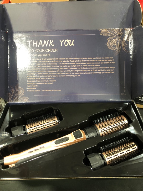 Photo 2 of Beautimeter Hair Dryer Brush, 3-in-1 Round Hot Air Spin Brush Kit for Styling and Frizz Control, Negative Ionic Blow Hair Dryer Brush Volumizer, 3 Detachable Auto-Rotating Curling Brush, Black & Gold