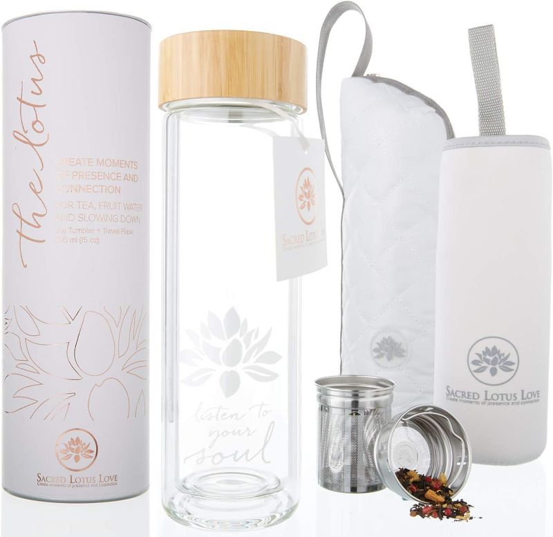Photo 1 of 'The Lotus' Glass Tea Tumbler Travel Bottle + Strainer Infuser for Tea, Coffee, Fruit Infusions. Soulful Design. Beautifully Packaged + Gift Ready, Eco-Friendly.