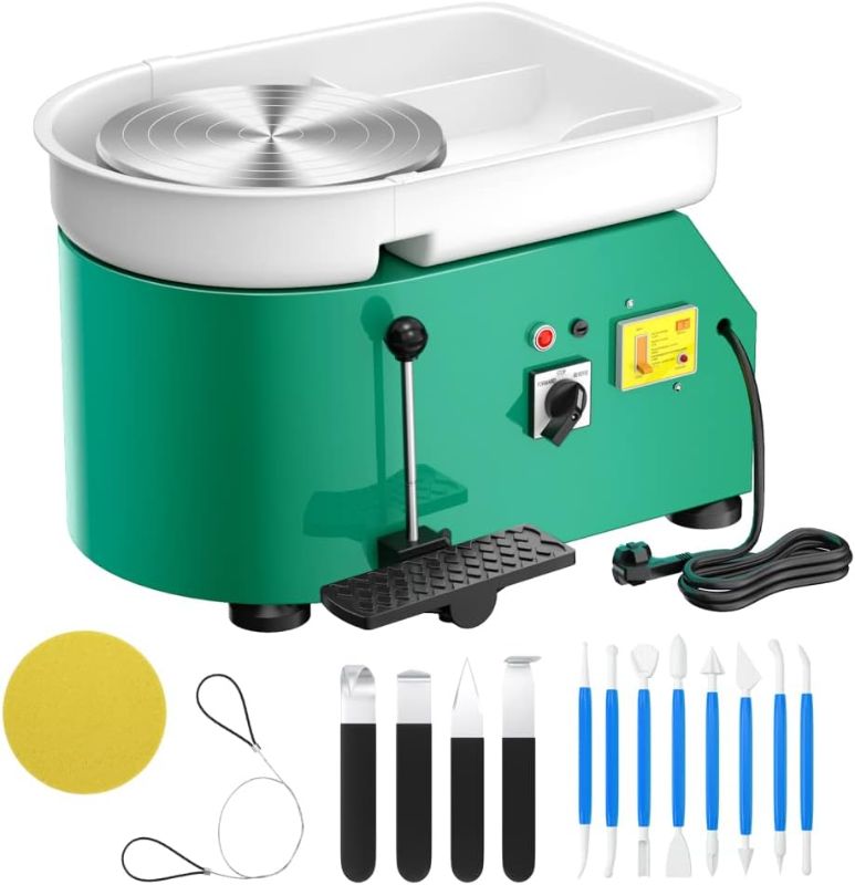 Photo 1 of SKYTOU Pottery Wheel Pottery Forming Machine 25CM 350W Electric Pottery Wheel with Detachable Basin Foot Pedal DIY Clay Tool Ceramic Machine Work Clay Art Craft (Green)