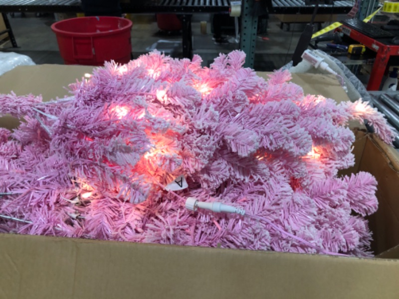Photo 1 of SHareconn 6ft Pre-Lit Snow Flocked Artificial Holiday Christmas Tree with Remote, 330 Warm White & Multi-Color Lights, Full Snow Branch Tips for Home, Office, Party Decoration, 6FT, Pink Pink 6 FT