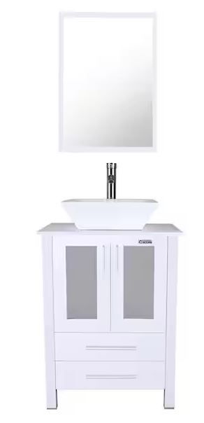 Photo 1 of 24 in. W x 20 in. D x 32 in. H Single Sink Bath Vanity in White with Ceramic Vessel Sink Top Chrome Faucet and Mirror
2 OF 2 MISSING SINK