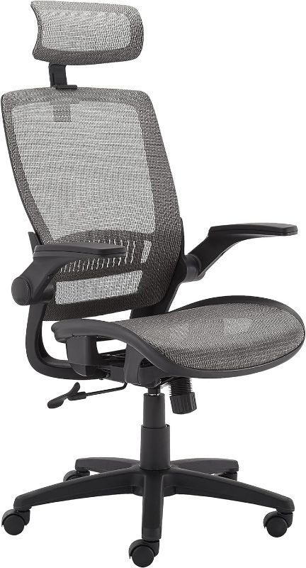 Photo 1 of Amazon Basics Ergonomic Adjustable High-Back Chair with Flip-Up Arms and Headrest, Contoured Mesh Seat - Grey, 25.5"D x 26.25"W x 45.5"H
