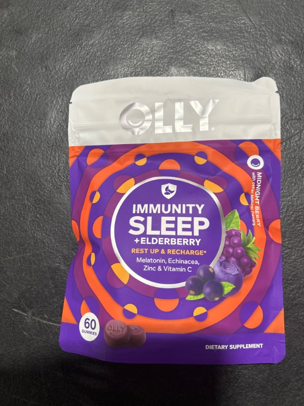 Photo 2 of OLLY Immunity Sleep Gummy, Immune and Sleep Support, 3mg Melatonin, Echinacea, Zinc, Vitamin C, Chewable Supplement, Berry - 60 Count Midnight Berry 60 Count (Pack of 1)