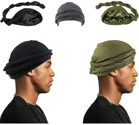 Photo 1 of 2 Pcs Turban for Men Turban Vintage Twist Head Wraps for Men Stretch Satin Turban Scarf Tie for Hair (Black, Army Green, Large)