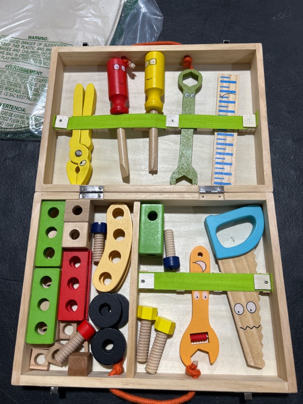 Photo 2 of Bravmate Wooden Kids Tool Set - 37 Pcs Montessori Building Kit Toy with Tool Box, STEM Educational Toys for 2 3 4 5 6 Year Old Boys Girls Toddlers, Christmas Birthday Gift for Kids