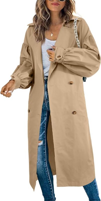 Photo 1 of Farktop Womens Double Breasted Oversized Long Trench Coat Lantern Sleeve Lapel Windproof Belted Overcoat