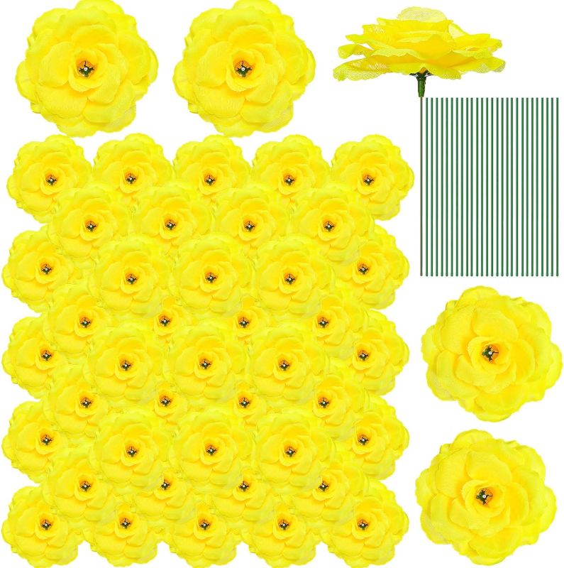 Photo 1 of 100 Pcs Flowers Long Stem Artificial Rose Flowers Roses Fake Faux Artificial Roses Bouquet Wedding Party Home Decor for DIY Baby Shower Centerpieces Tables Home Decorations (Yellow) 