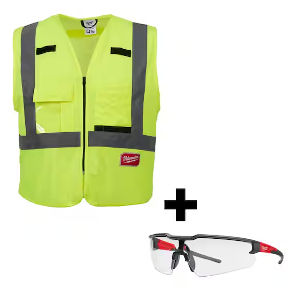 Photo 1 of Milwaukee
Small/Medium Yellow Class 2 High Visibility Safety Vest with 10 Pockets & Clear Safety Glasses Anti-Scratch Lenses