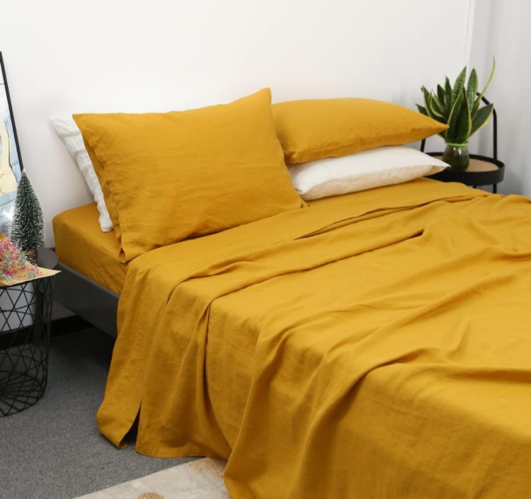 Photo 1 of 100% Linen Sheets King Size, Natural French Flax Bed Sheet Sets 4 Pcs, Soft Breathable Deep Pocket Farmhouse Bedding (1 Flat Sheet, 1 Fitted Sheet, 2 Pillowcases) - Yellow