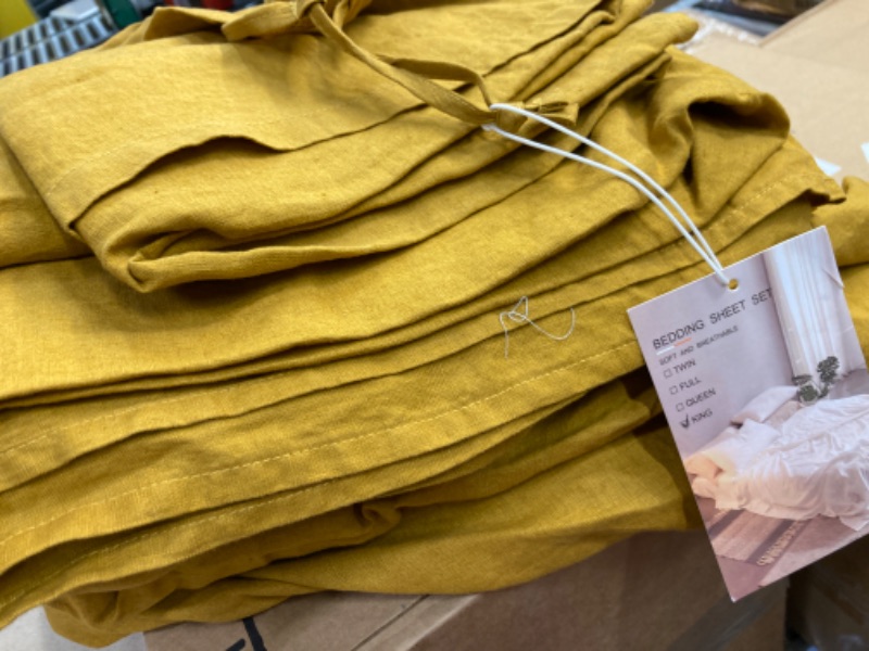 Photo 1 of 100% Linen Sheets King Size, Natural French Flax Bed Sheet Sets 4 Pcs, Soft Breathable Deep Pocket Farmhouse Bedding (1 Flat Sheet, 1 Fitted Sheet, 2 Pillowcases) - Yellow