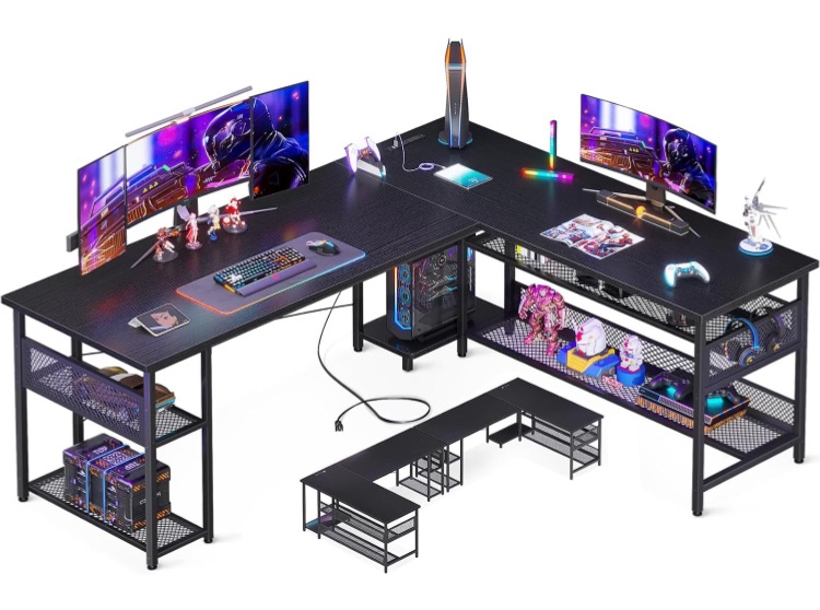 Photo 1 of ODK 66" L Shaped Desk with Power Outlet and USB Charging Ports, Reversible L Shaped Computer Desk with Storage Shelves, Home Office Desk, Gaming Desk, Corner Desk, Black