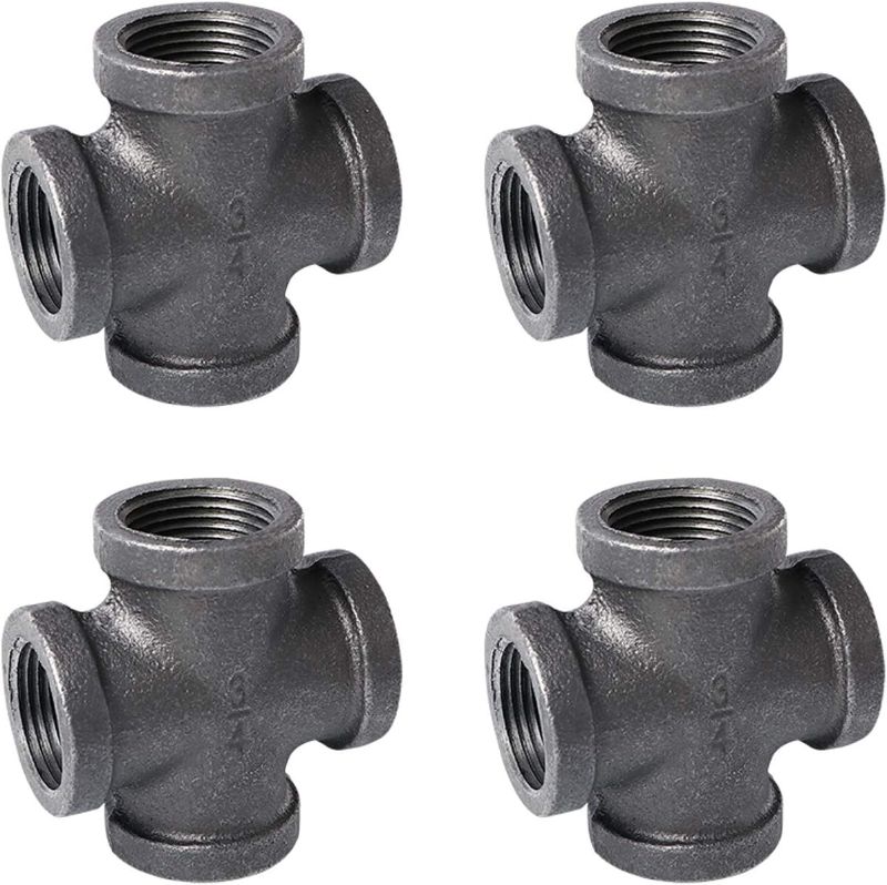 Photo 1 of 3/4" 4-Way Cross Fitting Connector, Home TZH 4-Pack Cast Malleable Iron 4 Way Corner Pipe Fittings for Industrial vintage style DIY Project/Furniture/Shelving Decoration (4, 3/4“)