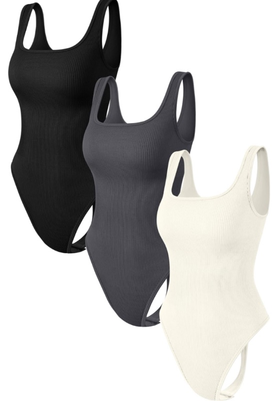 Photo 1 of OQQ Women's 3 Piece Bodysuits Sexy Ribbed Sleeveless Square Neck Stretch Tank Tops Thongs Bodysuits