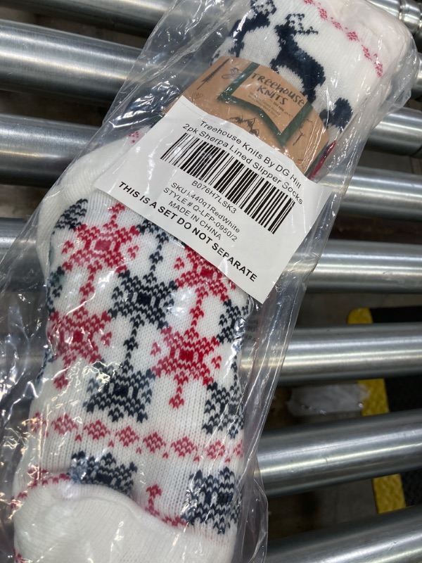 Photo 2 of DG Hill Sock Slippers for Women - 2 Pack Non Slip Socks - Fuzzy Socks Warm Socks with Grippers Sherpa Fleece Lined Thermal Medium Red/White Snowflakes