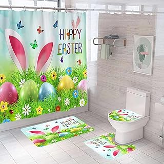 Photo 1 of HPYNPES 4 Pcs Easter Shower Curtain Set with Non-Slip Rugs, Toilet Lid Cover and Bath Mat, Cute Rabbit Ear Colorful Easter Eggs Shower Curtains with 12 Hooks (Green) https://a.co/d/00F9y06r