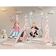 Photo 1 of 4 in 1 Toddler Slide and Swing Set, Kid Slide for Toddlers Age 1-3, Baby Slide with Basketball Hoop, Indoor Outdoor Slide Toddler Playset Toddler Playground Pink
