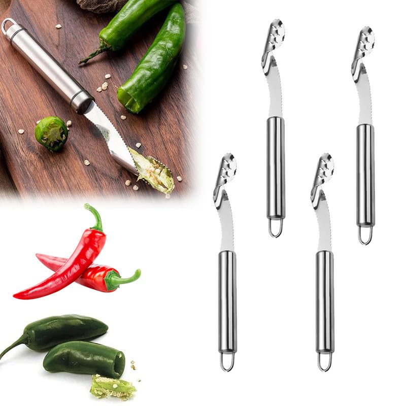 Photo 1 of *BUNDLE ITEMS 2 PACK* 4PCS Pepper Seed Corer Remover, 2024 New Stainless Steel Chili Corer Peppers Seed Remover, Easily Seed Remover or Slice Off Vegetable Tops, Serrated Slice Seed Remove Tool for Chili, Zucchini