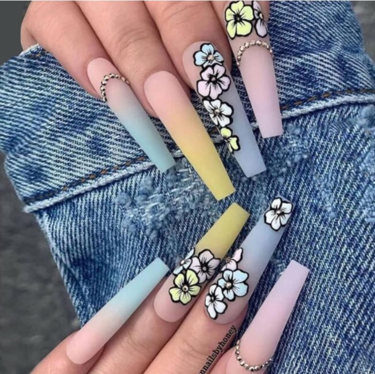 Photo 1 of *BUNDLE ITEMS 5 PACKS* 24Pcs Long Press on Nails Coffin Fake Nails Glossy Acrylic False Nails Artificial Jelly Nails Blue Gradient Camellia with Diamonds Press on Reusable Gel Stick on Nails for Women Manicure