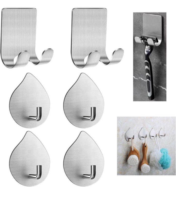 Photo 1 of *BUNDLE ITEMS 2 PACK* Heavy Duty Adhesive Hooks - Towel Hooks for Bathrooms, 4 PCS Wall Hooks + 2 PCS Razor Holder for Shower, Stainless Steel Adhesive Wall Hooks for Hanging Towels, Coat, Hat (Brushed Nickel)