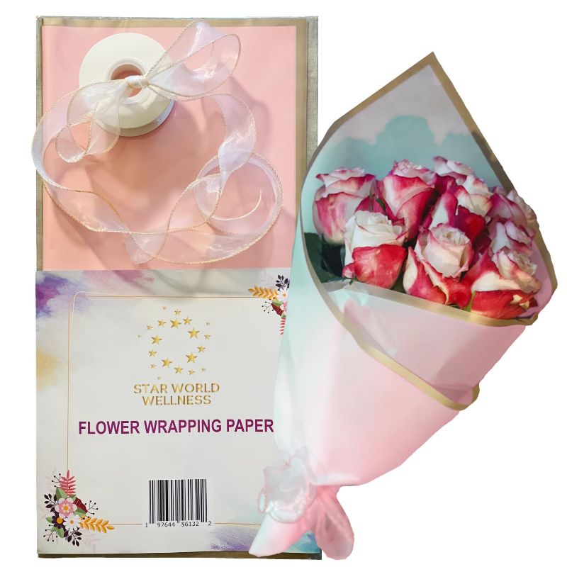 Photo 1 of *BUNDLE ITEMS 2 PACK* Star World Wellness Pink Flower Wrapping Paper With Gold Edge, Bouquet Floral Paper, Waterproof Korean Wrap Craft Paper for Gifts, Weddings, DIY, Bouquet Accessories for Any Occasion (20/Pack)