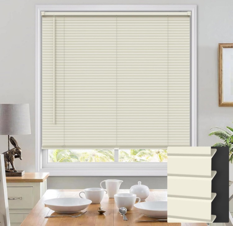 Photo 1 of 100% Privacy L-Shaped Blinds for Indoor Windows, Cordless 1" Vinyl Horizontal Mini Blinds Shades, Improvement The Privacy of Your Room, Suitable for Window Size 36" W x 64" H, Beige