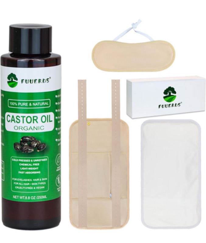 Photo 1 of *BUNDLE ITEMS 3 PACK* Castor Oil Pack Wrap Organic-Castor Oil Organic Cold Pressed Unrefined,Castor Oil Packs Reusable Oil Spill Resistant Design,Organic Cotton Flannel (L-Khaki 8.8Fl Oz