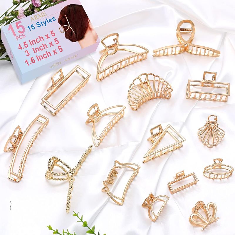 Photo 1 of *BUNDLE ITEMS 2 PACK* 15Pack Gold Hair Claw Clips ?Multi-piece Metal Big Hair Claw Clips?Non-Slip Hair Clips for Thick and Thin Hair?Strong Easy Pulling Up Your Hair Suitable for Women & Girls?4.5Inch+3Inch+1.6Inch?