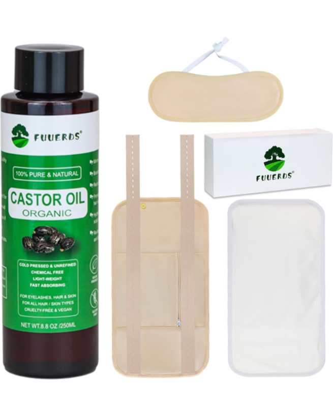 Photo 1 of *BUNDLE ITEMS 3 PACK* Castor Oil Pack Wrap Organic-Castor Oil Organic Cold Pressed Unrefined,Castor Oil Packs Reusable Oil Spill Resistant Design,Organic Cotton Flannel (L-Khaki 8.8Fl Oz)