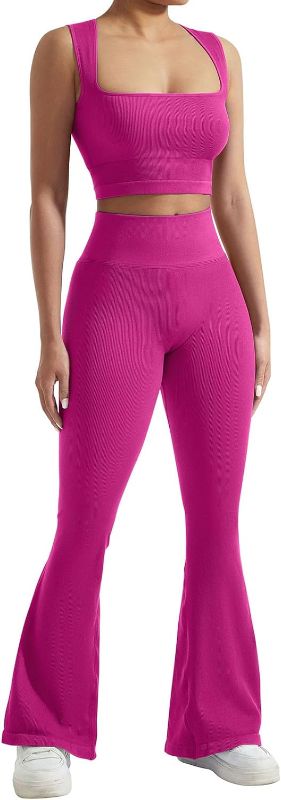 Photo 1 of SUUKSESS Women Seamless Gym Set Tummy Control Flare Legging Square Neck Crop Top Fitted Small Hot Pink