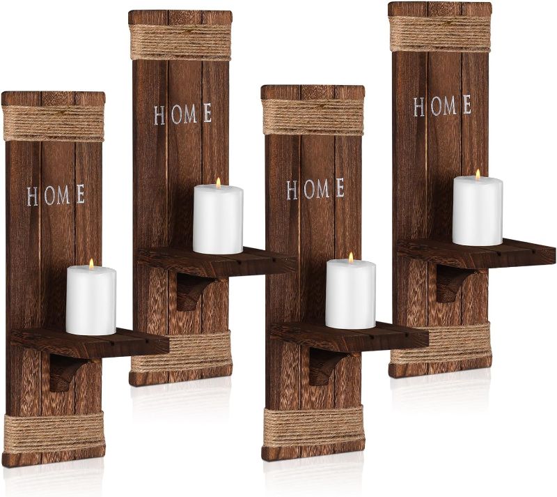 Photo 1 of Sintuff 4 Pcs Wall Candle Sconces Decor Rustic Wall Sconces Candle Holder Decor Farmhouse Candle Wall Sconces Decorative Wall Mounted Wooden Candle Holders for Living Room Bedroom Kitchen (Brown)