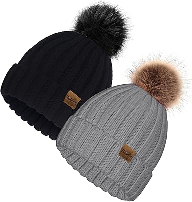 Photo 1 of ZOORON Womens Winter Knitted Beanie Hat with Faux Fur Pom Beanie Warm Knit Skull Cap Beanie for Women- 2 PACK