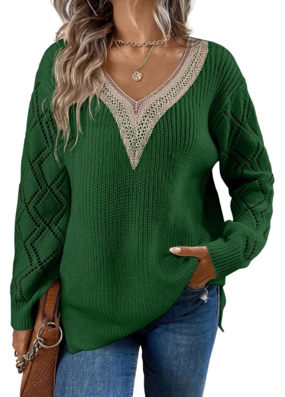 Photo 1 of Oversized Pullover Sweaters for Women 2023 Fall Winter Lace V Neck Hollow Long Sleeve Side Split -L