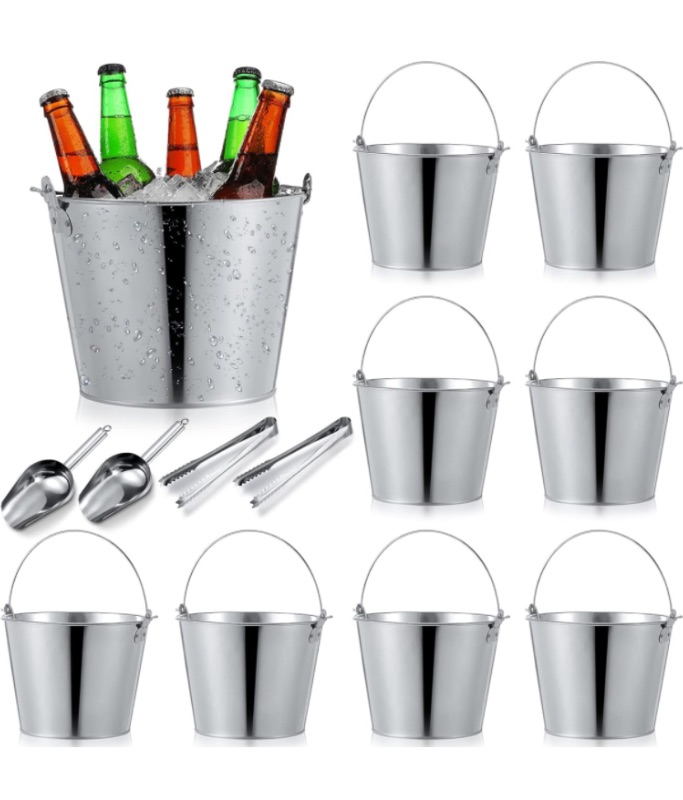 Photo 1 of  Galvanized Beer Bucket Metal Ice Buckets with Shovels and Tongs Large Steel Pail Tin with Handle for Party Wedding Wine Champagne Bar Kitchen Summer Table Centerpieces(Sliver)