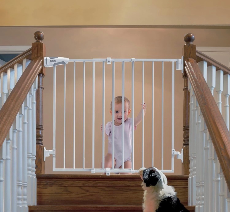 Photo 1 of Babelio 26-43" No Bottom Bar Baby Gate for Babies, Elders and Pets, 2-in-1 Hardware Mount Dog Gate for The House, Stairs and Doorways, Safety Pet Gates with Large Walk Thru Door, White