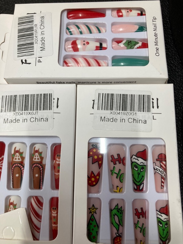 Photo 2 of 3 Piece Bundle Set.Christmas Press on Nails Long Coffin Fake Nails Acrylic Nails Press ons Full Cover False Nails with Designs Christmas Cartoon Nails French Tip Glue on Nails Stick on Nails for Women 24Pcs 21