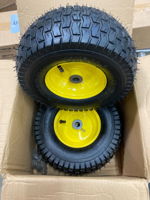 Photo 3 of (2 Pack) 15 x 6.00-6 Front Tire and Wheel Set - 4-Ply Replacement Tires with Wheels Assemblies for John Deere Riding Mower - for Lawn Tractors with 3" Centered Hub and 3/4" Bushings, Yellow