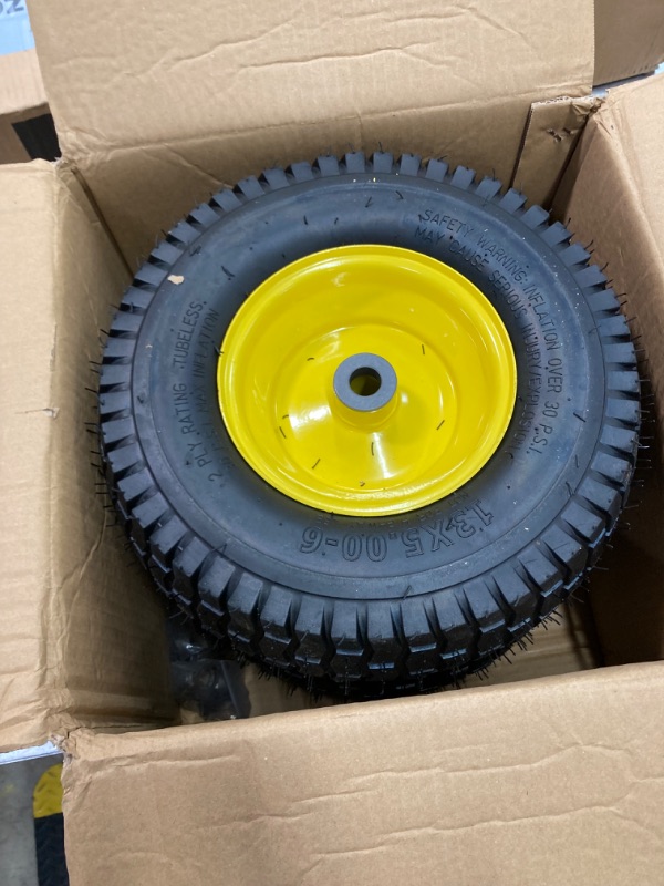 Photo 2 of (2 Pack) 15 x 6.00-6 Front Tire and Wheel Set - 4-Ply Replacement Tires with Wheels Assemblies for John Deere Riding Mower - for Lawn Tractors with 3" Centered Hub and 3/4" Bushings, Yellow