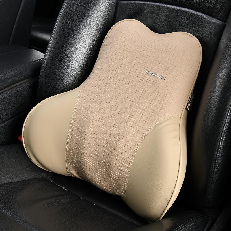 Photo 1 of Coverado Lumbar Support Pillow for Car Seat Driver, Leather Car Seat Cushions for Driving Back Pain, Detachable Memory Foam Upper Lower Car Back Support brown