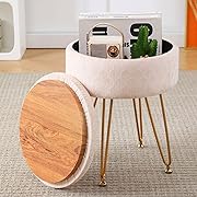 Photo 1 of  Footrest Footstools Round Velvet Ottoman with Storage Space Soft Vanity Chair with Memory Foam Seat Small Side Table Hallway Step Stool 4 Gold Metal Legs with Adjustable Footings Champagne