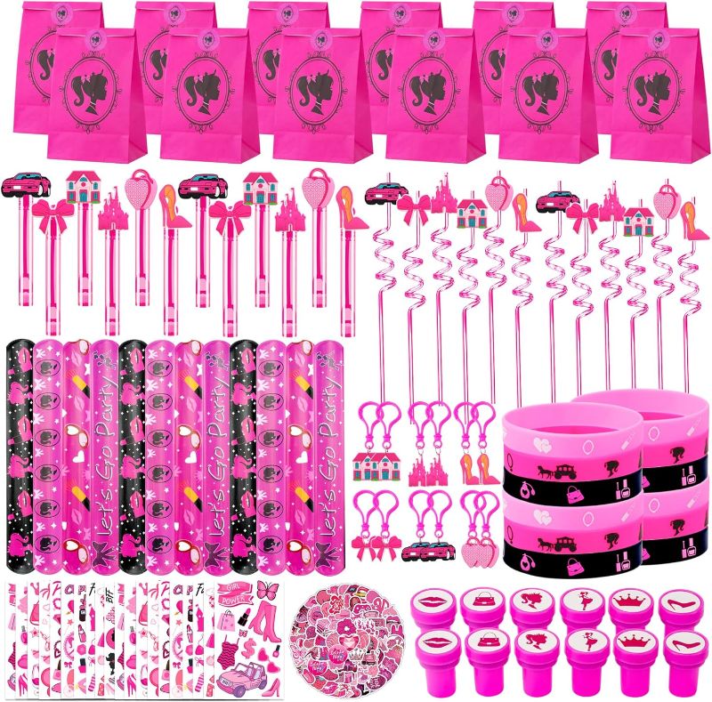 Photo 1 of 2 packs of Pink Party Favors Kit Pink Girl Party Bags,Pink Bracelets,Pink Keychains,Pink Stampers,Pink Button Pins,Pink Party Supplies for Let's Go Party Favors